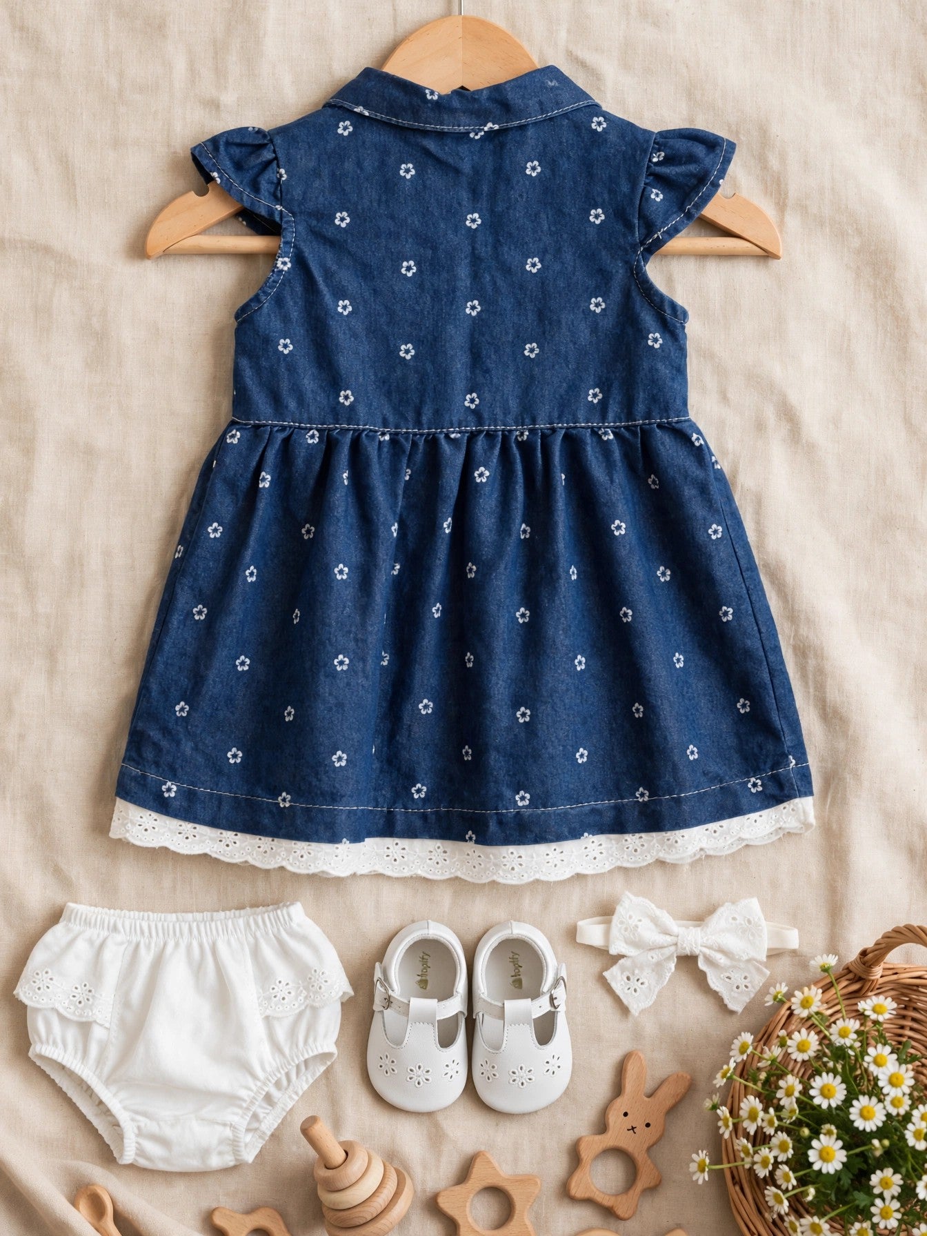 Ackermans Baby Blue Floral Denim Dress with Eyelet Lace 12-18 Months