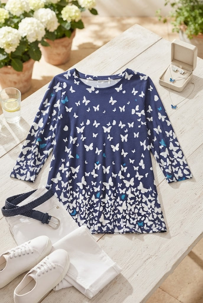 Queenspark Blue Butterfly Print 3/4 Sleeve Blouse - Size Large
