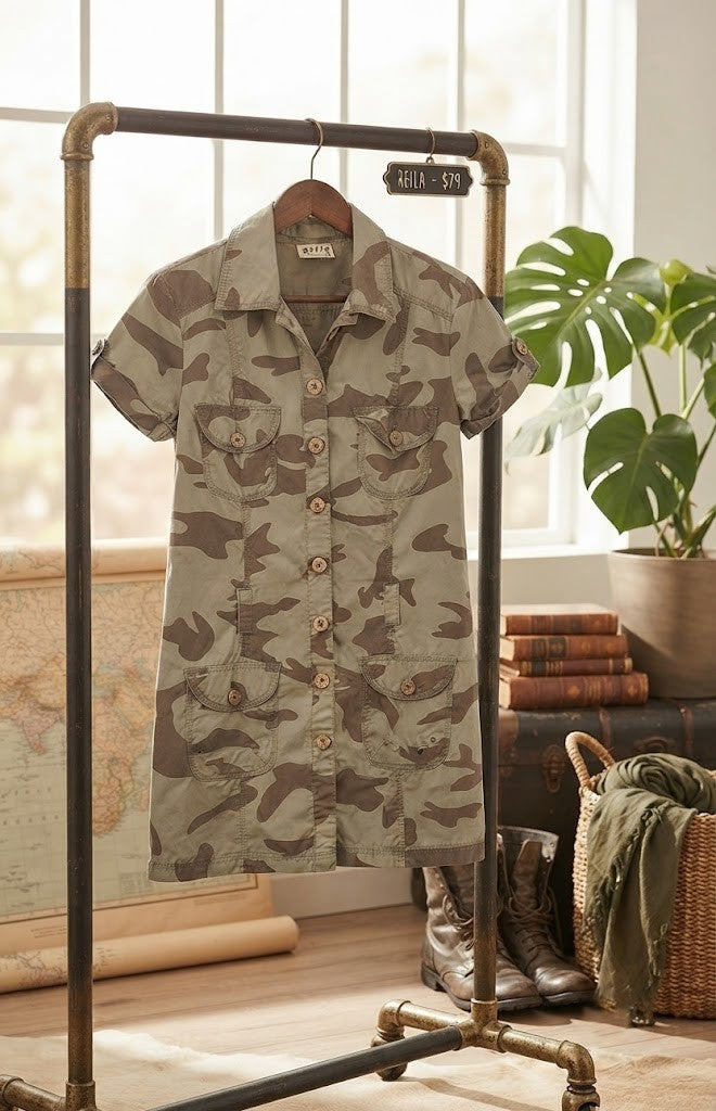 Kelso Casuals Women’s Camouflage Button-Down Utility Dress - 100% Cotton, Size 36