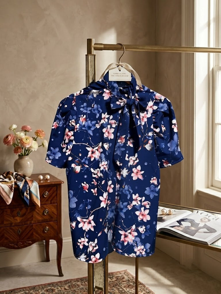 Navy Blue Floral Bow-Tie Blouse - Size Medium