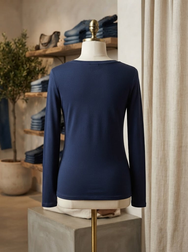 Pre-Loved Queenspark Navy Blue Long-Sleeve Blouse – Size S