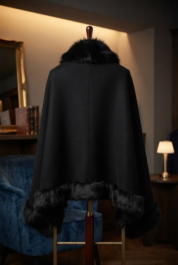 Pre-Loved Elegant Black Faux Fur Trim Shawl - Medium
