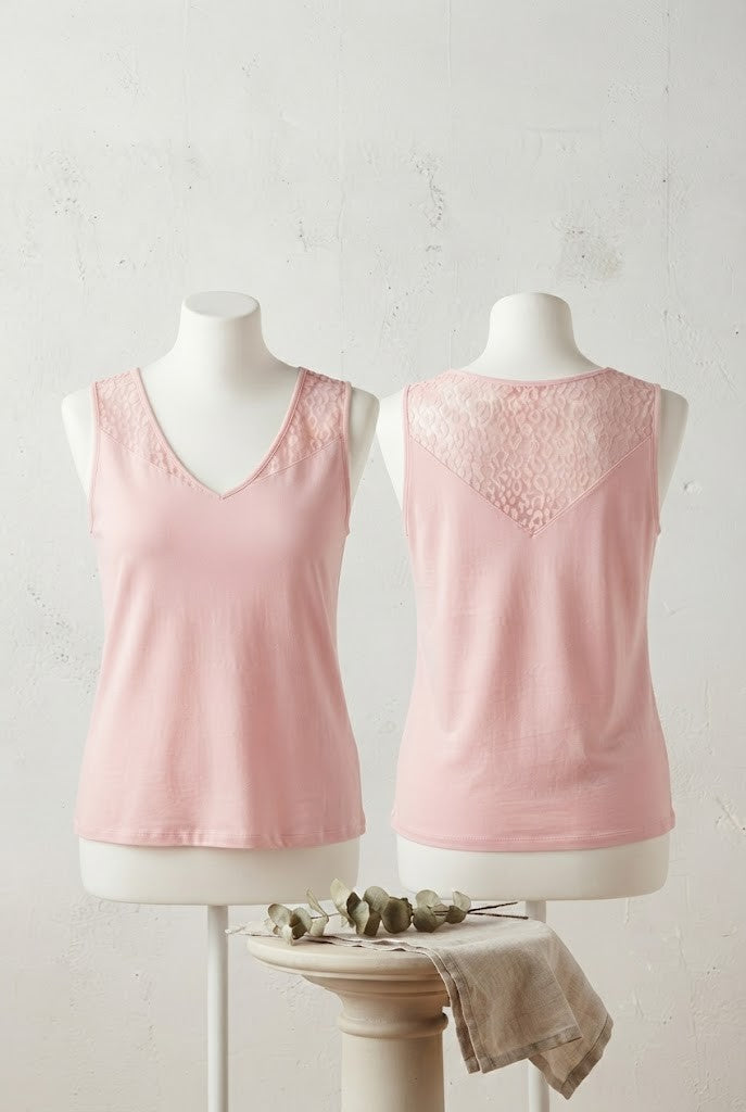 Women’s Soft Pink V-Neck Tank Top with Lace Detail – Size XL, Excellent Condition