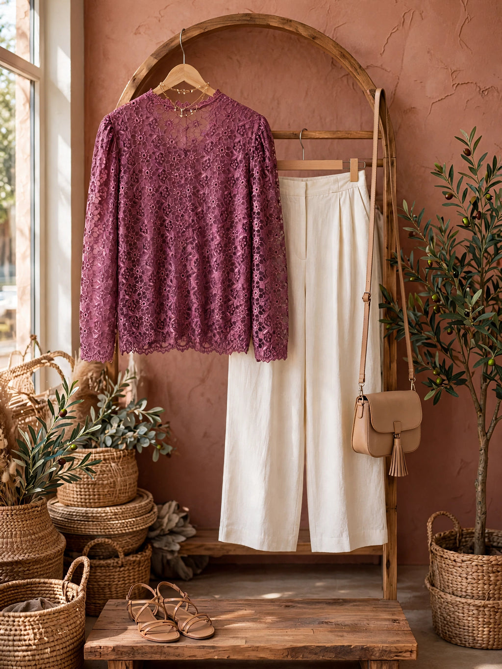 Berry Mauve Floral Lace Blouse - Size XL