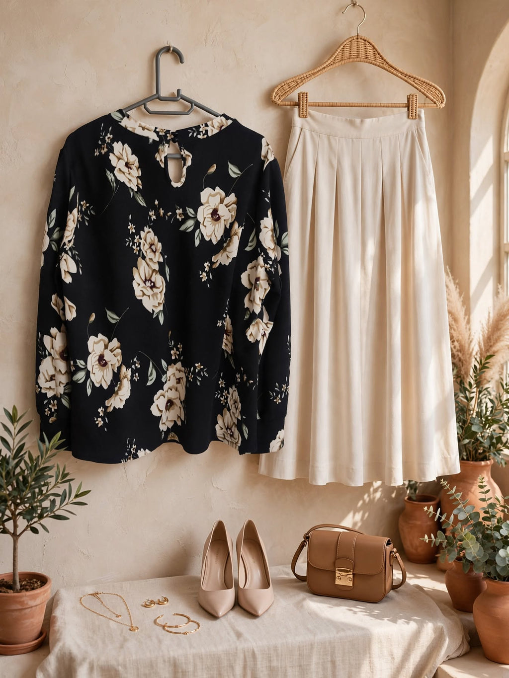 Black & Cream Floral Long Sleeve Blouse - Size 2XL