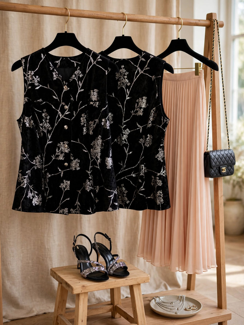Black Velvet Silver Floral Sleeveless Blouse - Size Medium