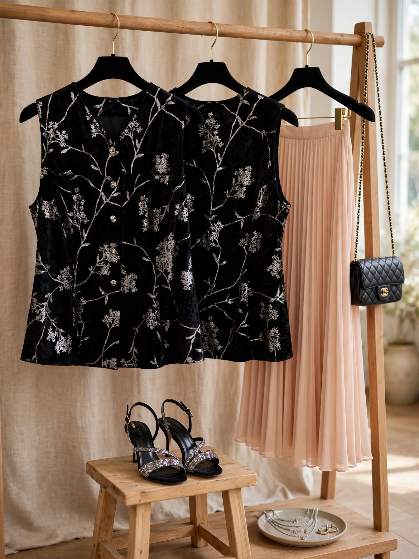 Black Velvet Silver Floral Sleeveless Blouse - Size Medium