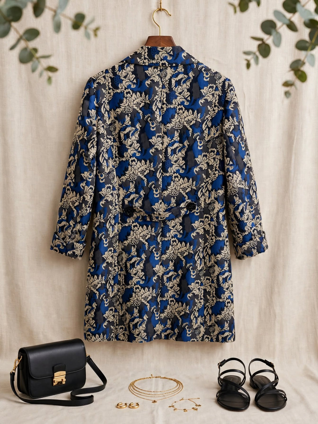 Queenspark Longline Baroque Brocade Blue & Taupe Coat Jacket - Size 36
