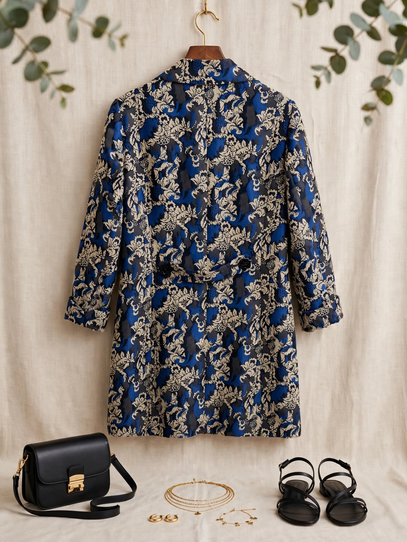 Queenspark Longline Baroque Brocade Blue & Taupe Coat Jacket - Size 36