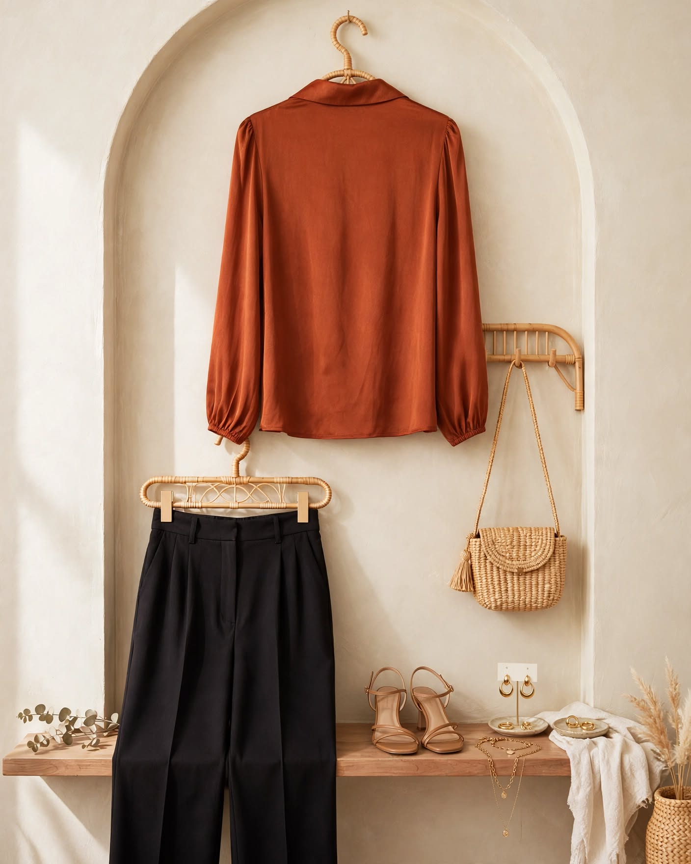 Rust Satin Wrap Blouse - Size Large