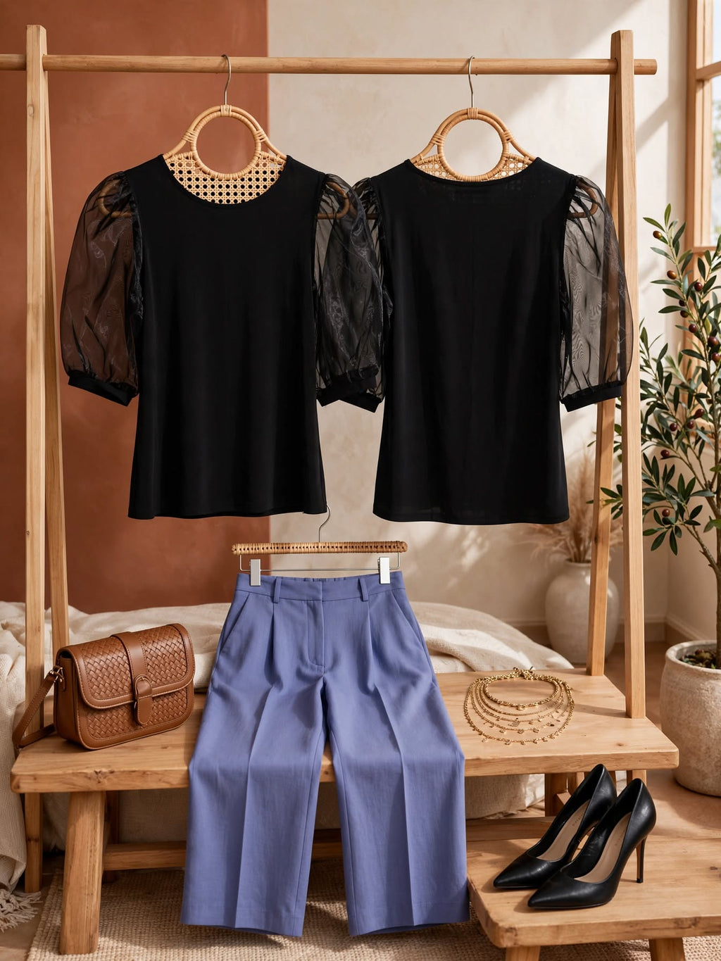 Contempo Black Organza Puff Sleeve Blouse - Size 32
