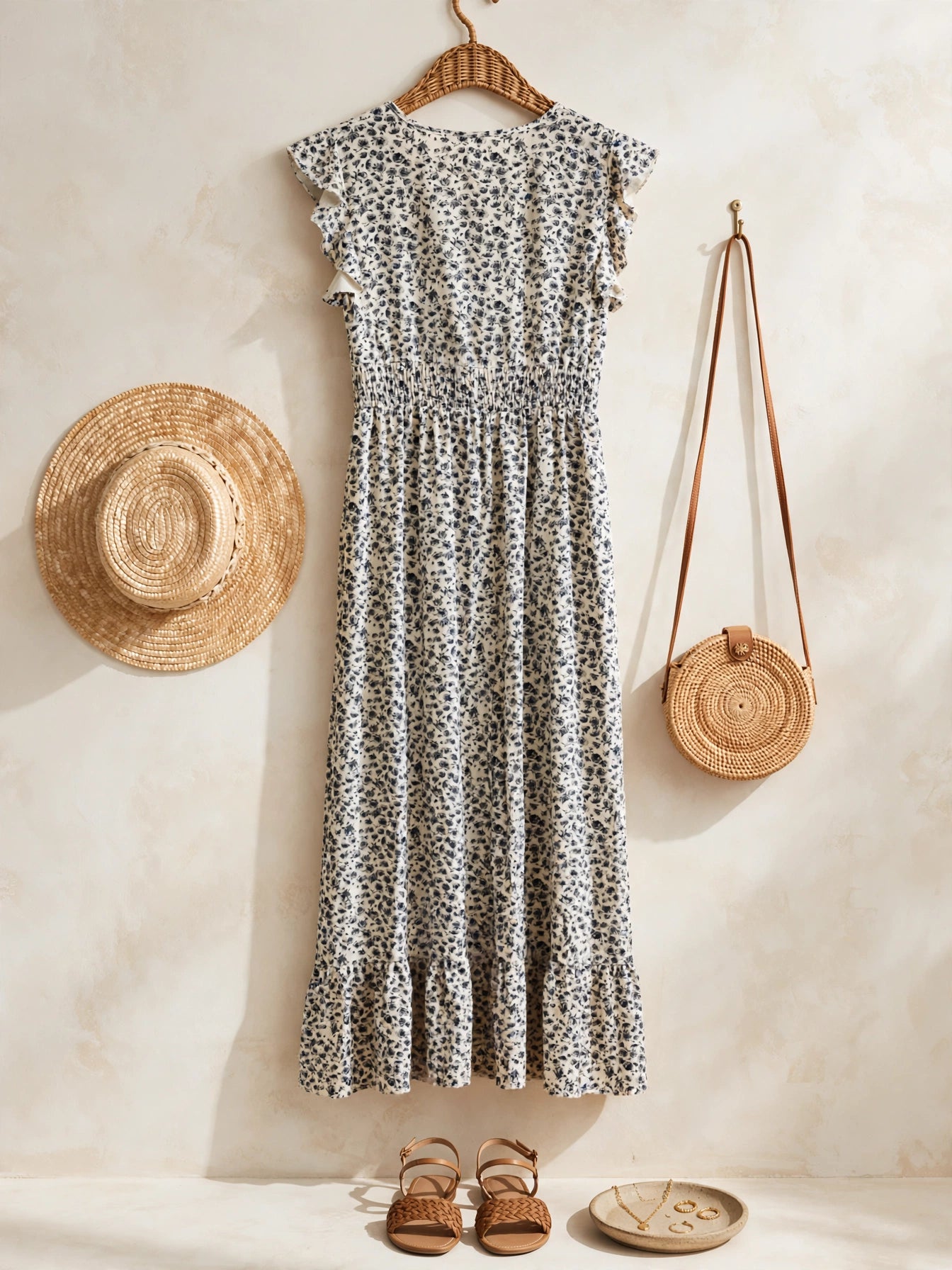 Cream & Navy Ditsy Floral Midi Boho Wrap Dress with Ruffle Sleeves  - Size 32