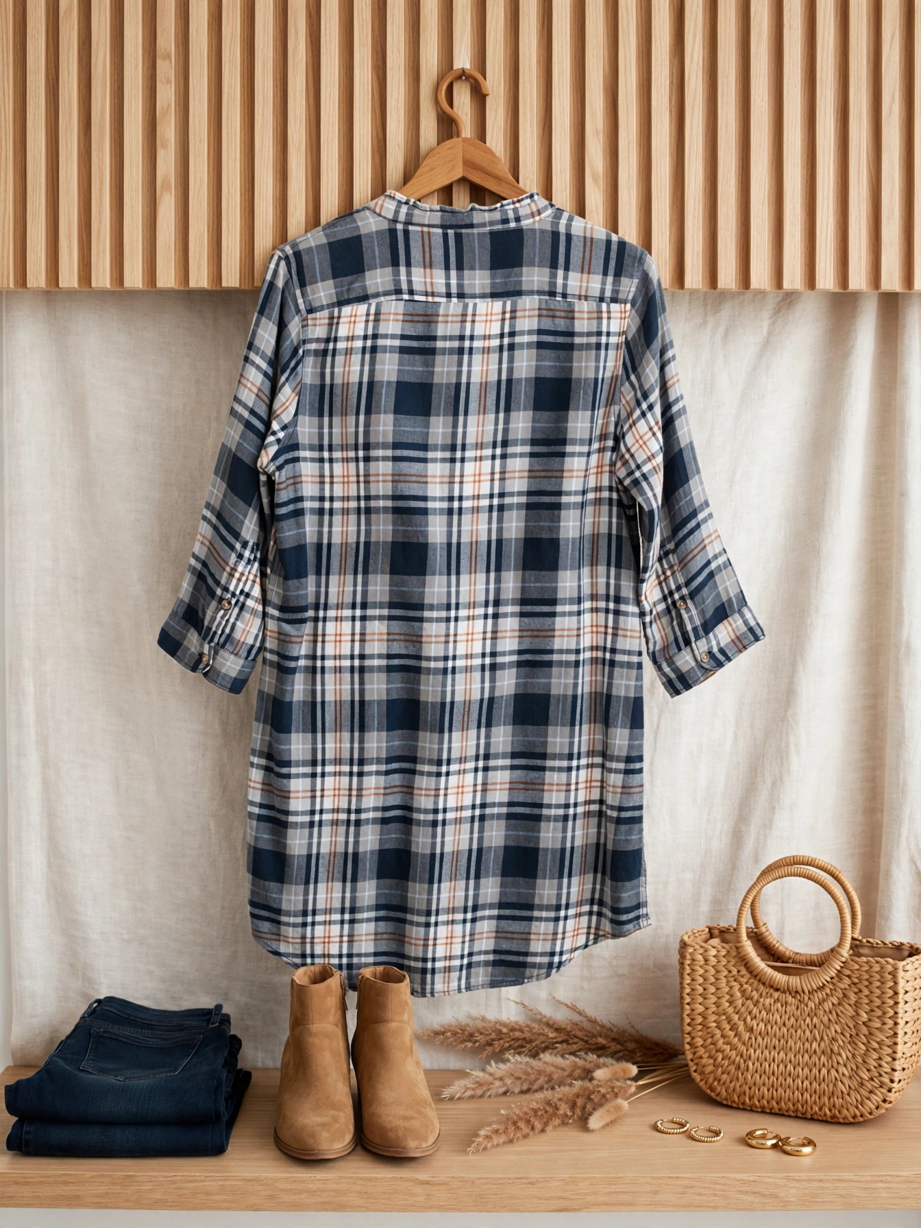 Old Khaki Plaid Ruffle Front Blouse - Size 36