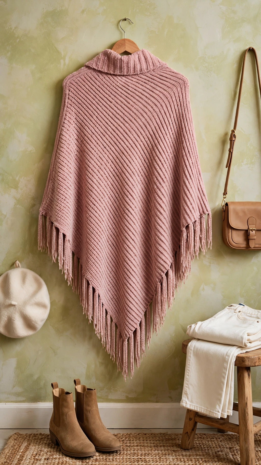Dusty Pink Chenille Fringe Poncho - Cowl Neck - Size XL