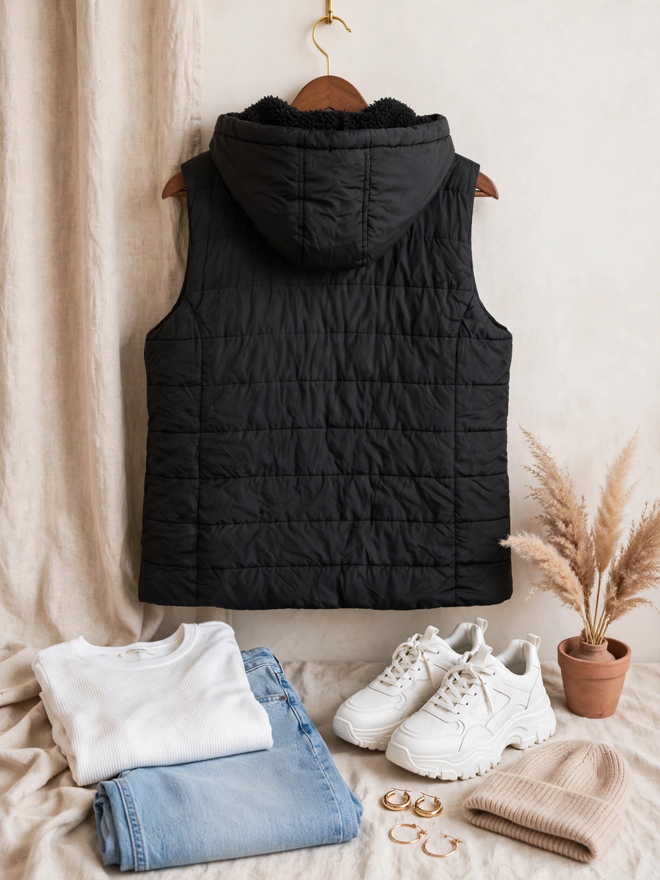 REAL Basics Women's Black Hooded Quilted Puffer Gilet Vest - Size 2XL