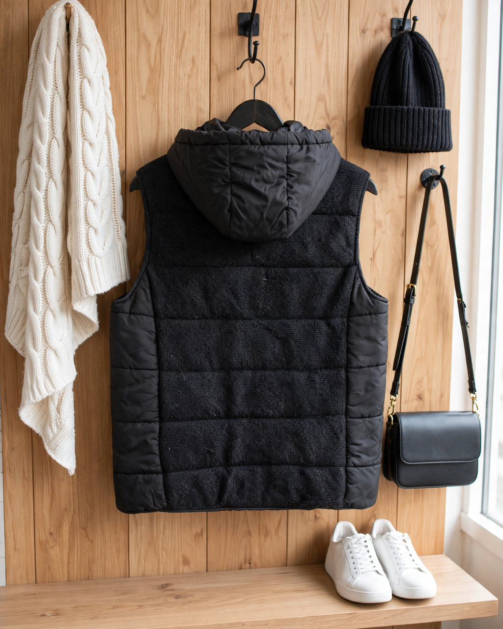 Women's Free 2BU Black Sleeveless Puffer Vest with Hood - Size 36