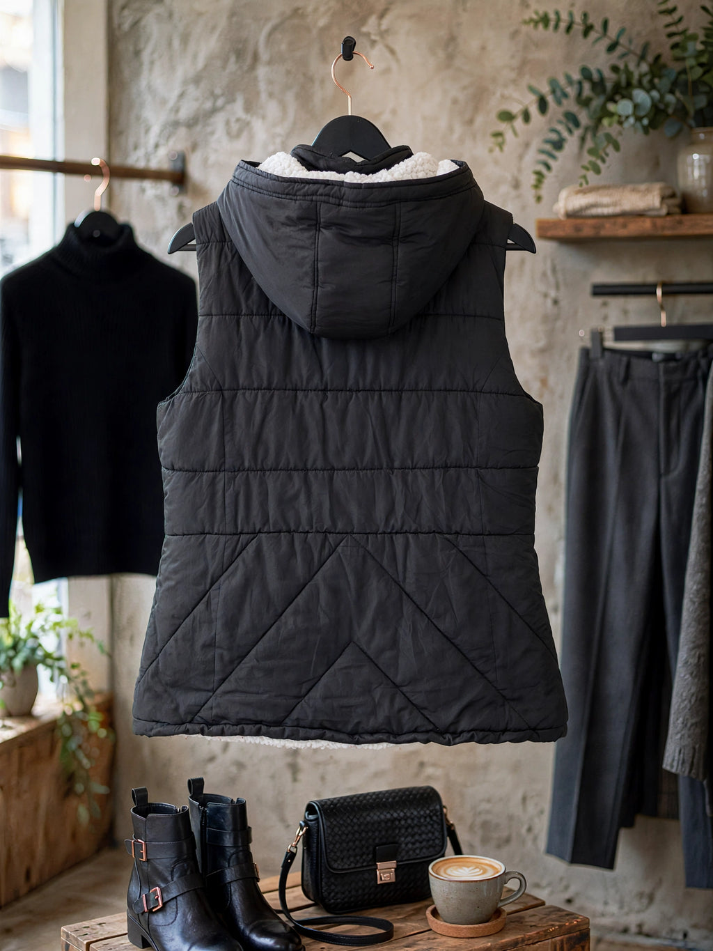 Women's Black Superior Goods Hooded Puffer Gilet Vest - Size Large