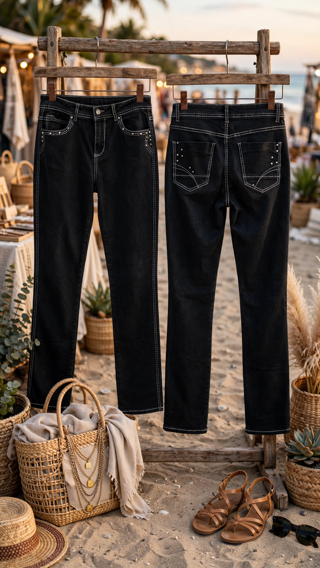 Queenspark Rhinestone Studded Women's Black Straight Leg Jeans - Size 36