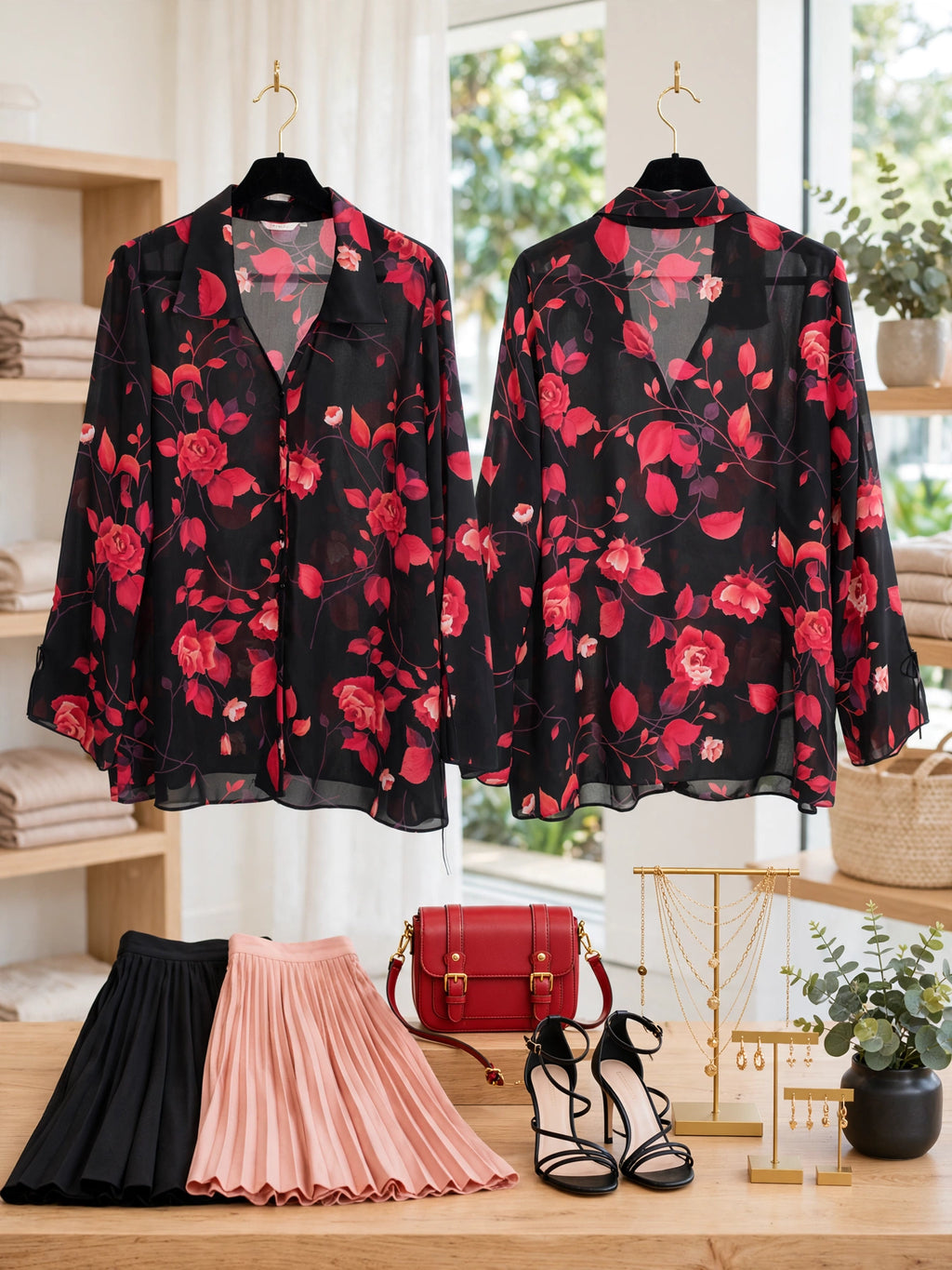Topics Black & Red Floral Sheer Blouse - Size 42
