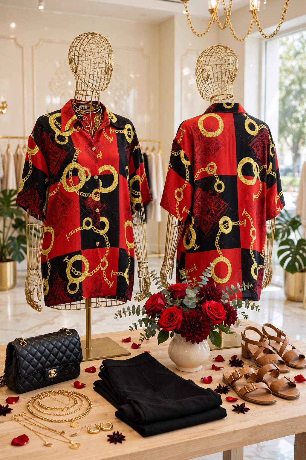 B&W Baroque Red & Black Gold Chain Blouse - Size 3XL