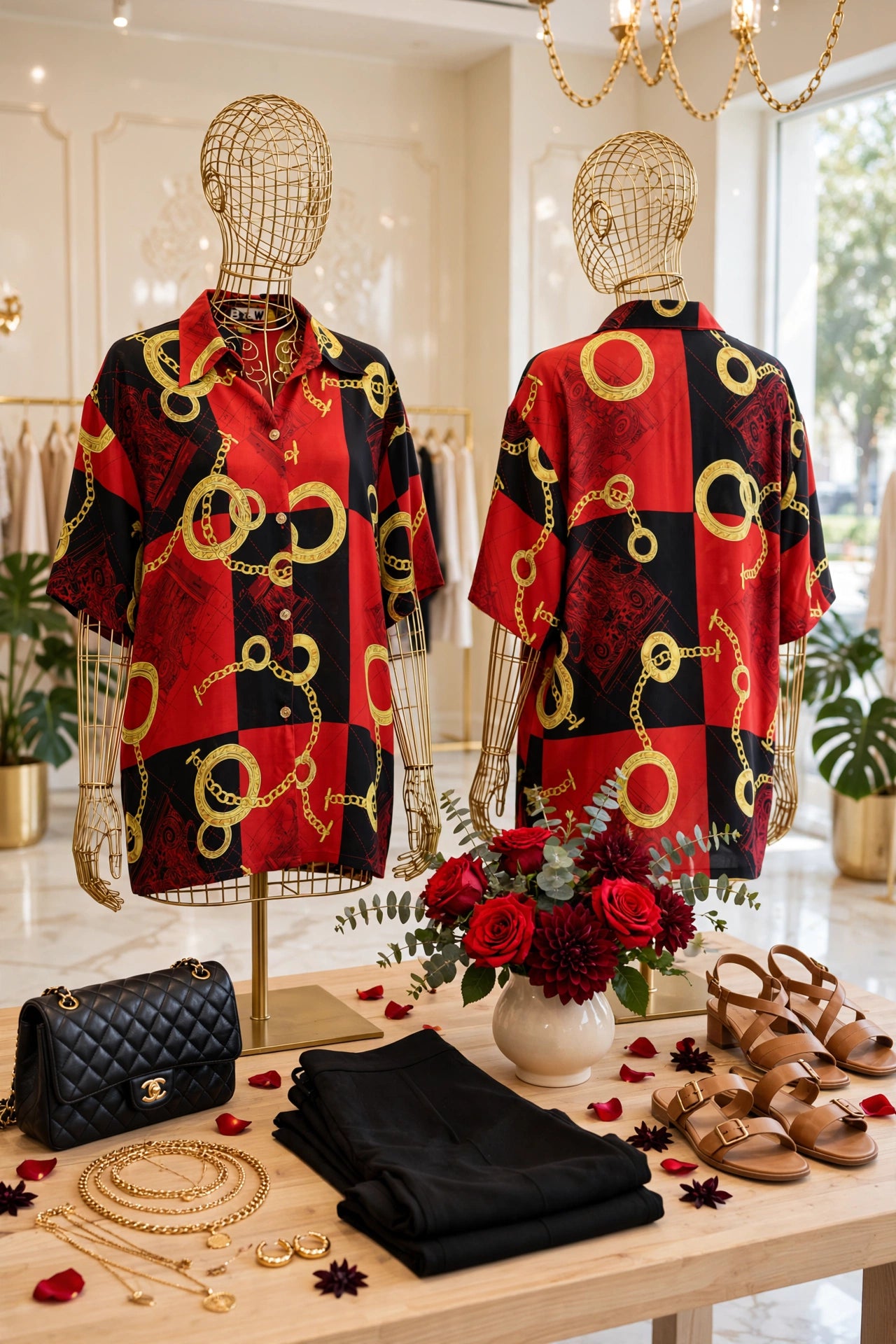 B&W Baroque Red & Black Gold Chain Blouse - Size 3XL