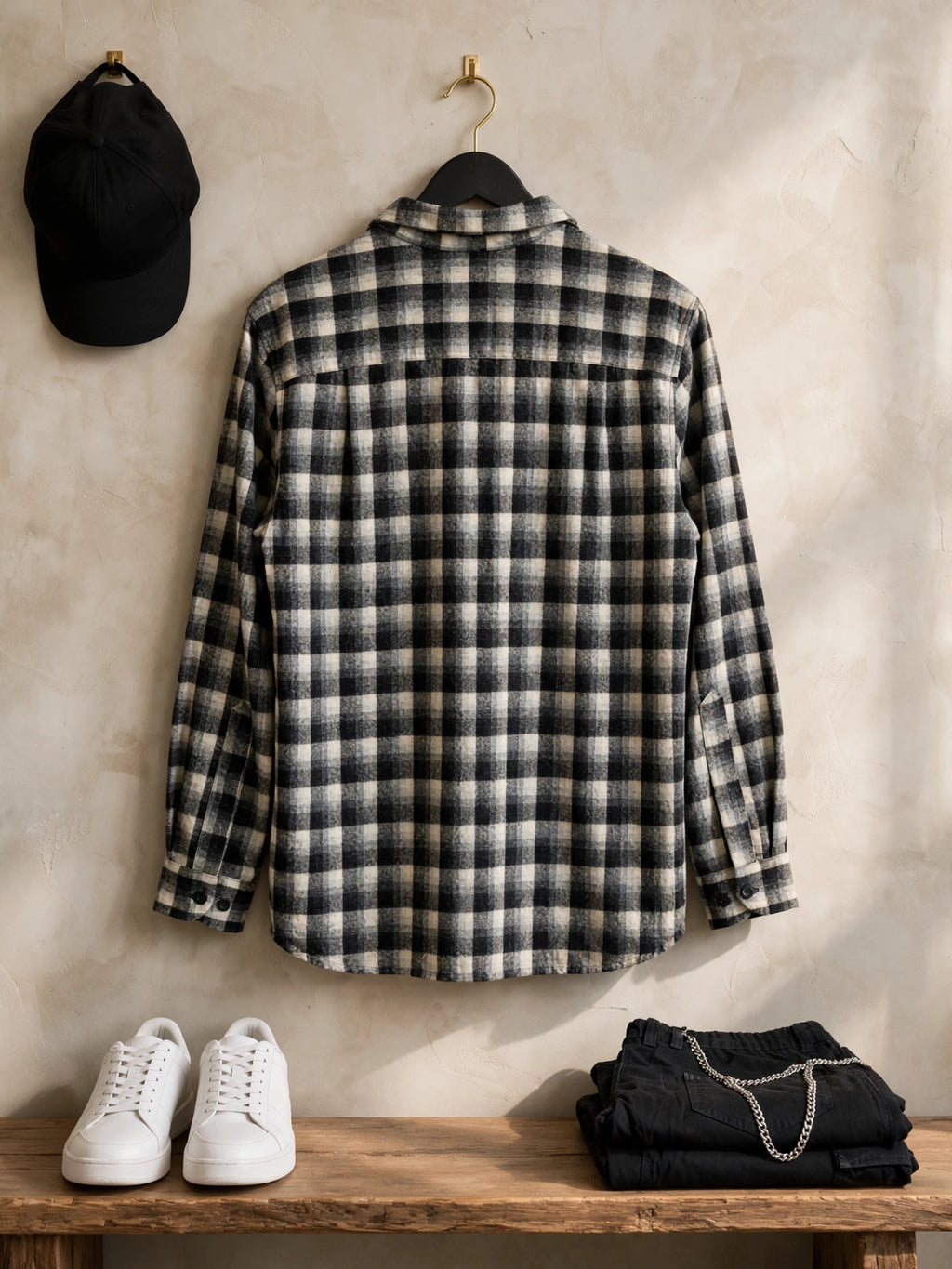 Men's Pendleton Wood Mills Buffalo Checked Black & White Long Sleeve Shirt - Size Medium