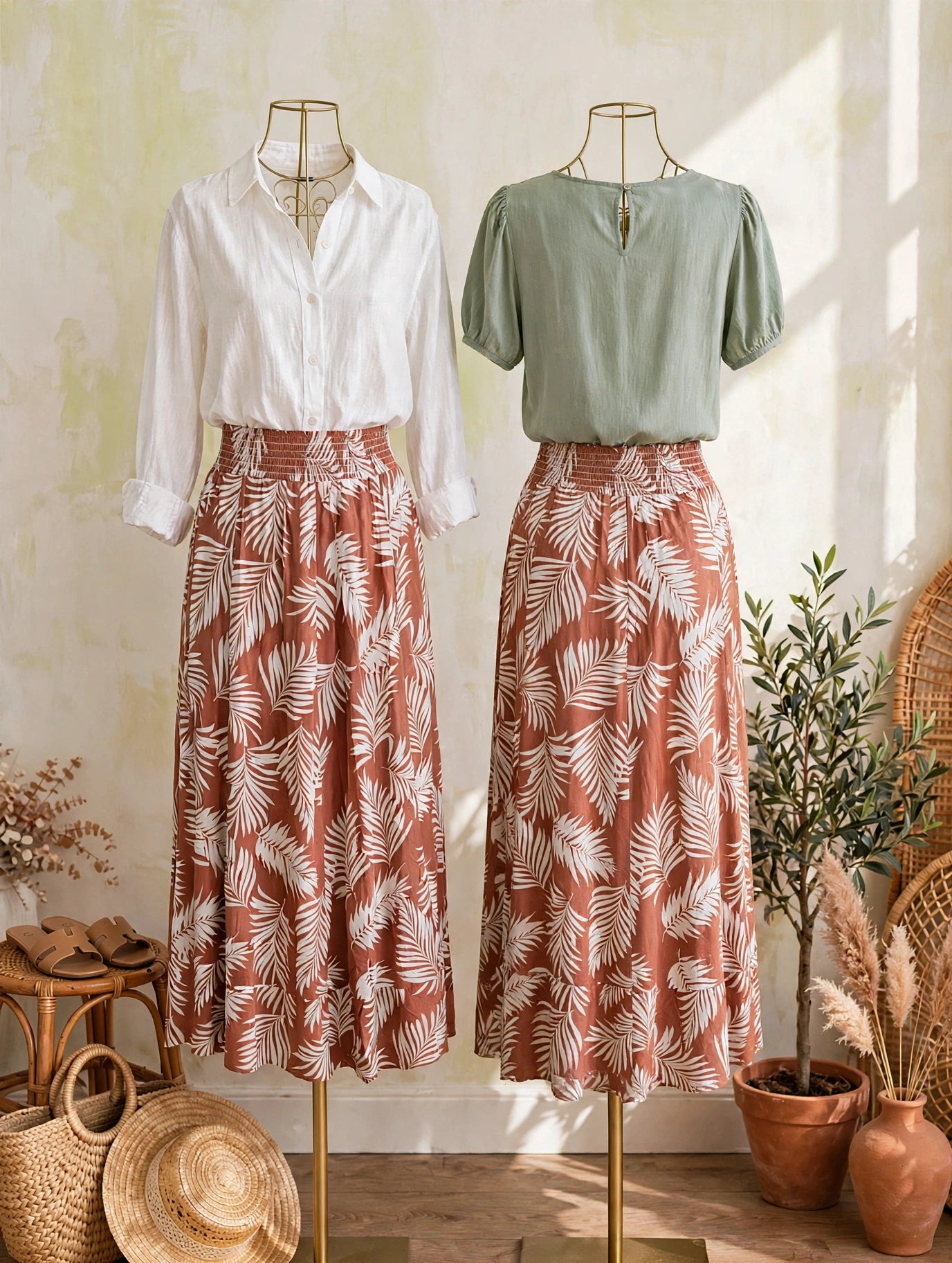 Woolworths Terracotta & White Palm Print Midi Skirt - Size 38