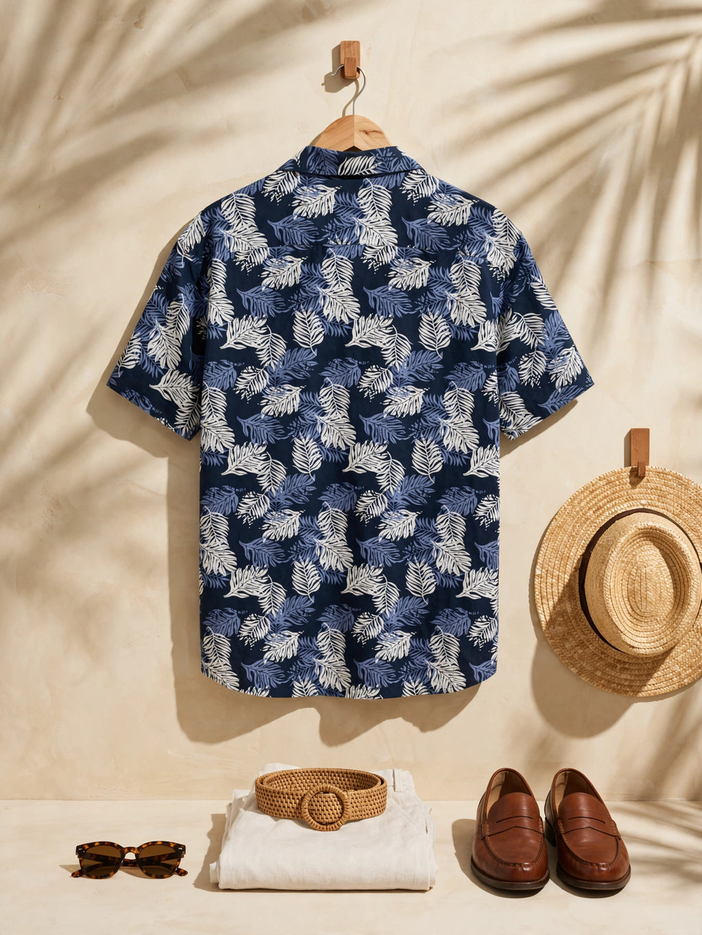 Men's Navy White Stone Harbour Tropical Leaf Print Shirt - Size 2XL