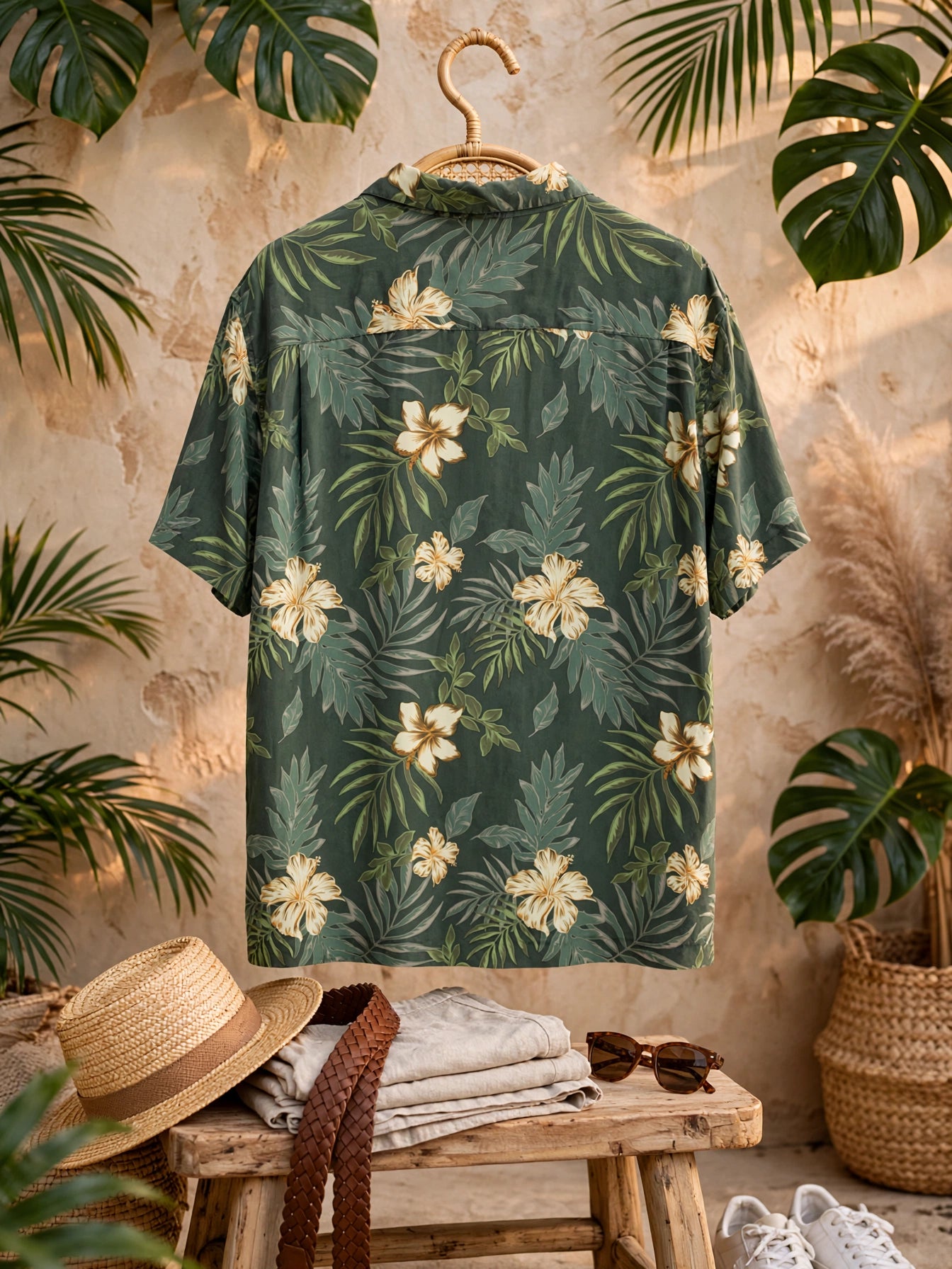 Men's Green & Gold Hibiscus Blue Harbour Tropical Silk Shirt - Size Large
