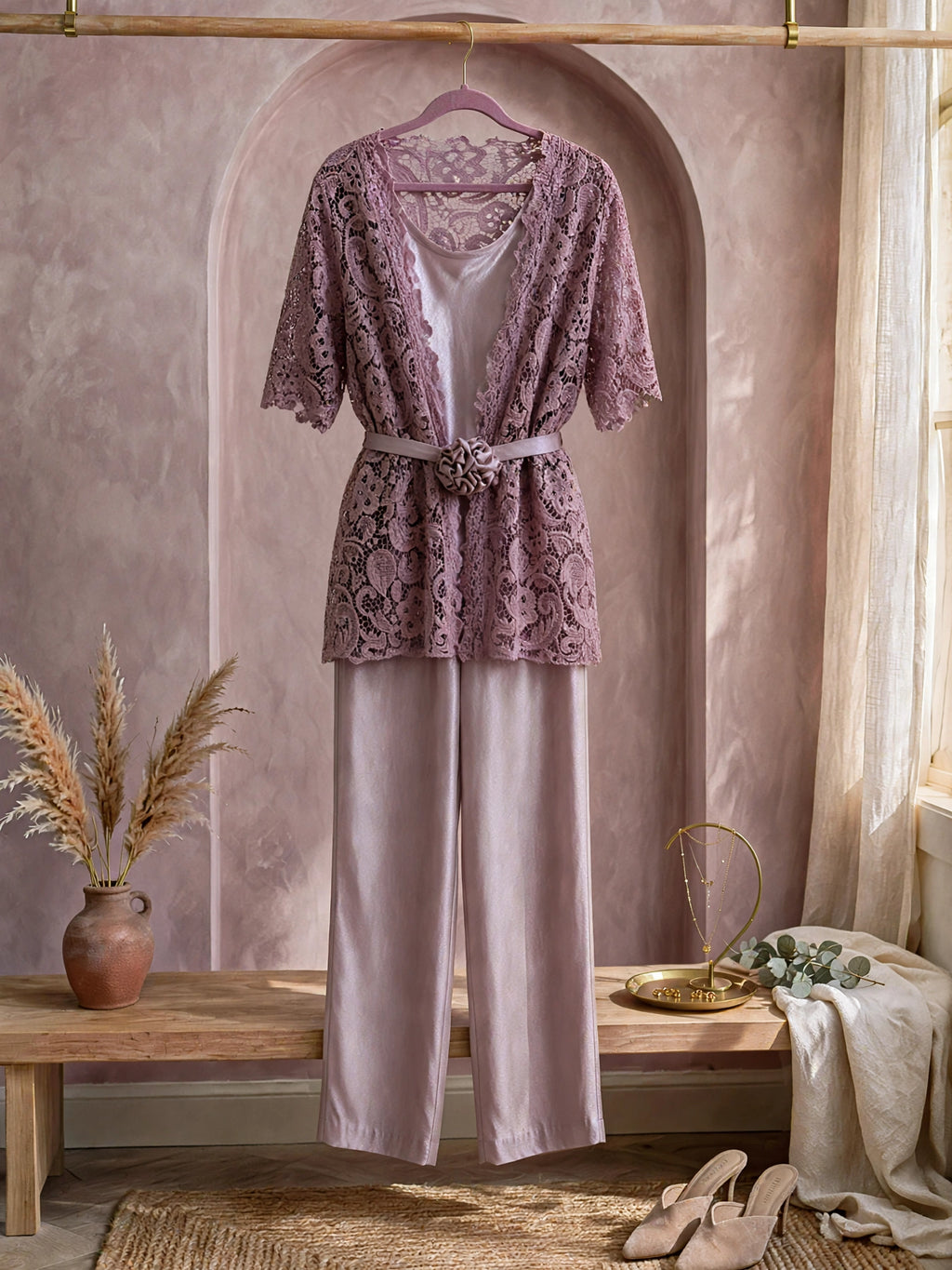 Three Piece Dusty Mauve Lace Kimono Mother of the Bride Suite - Size XL