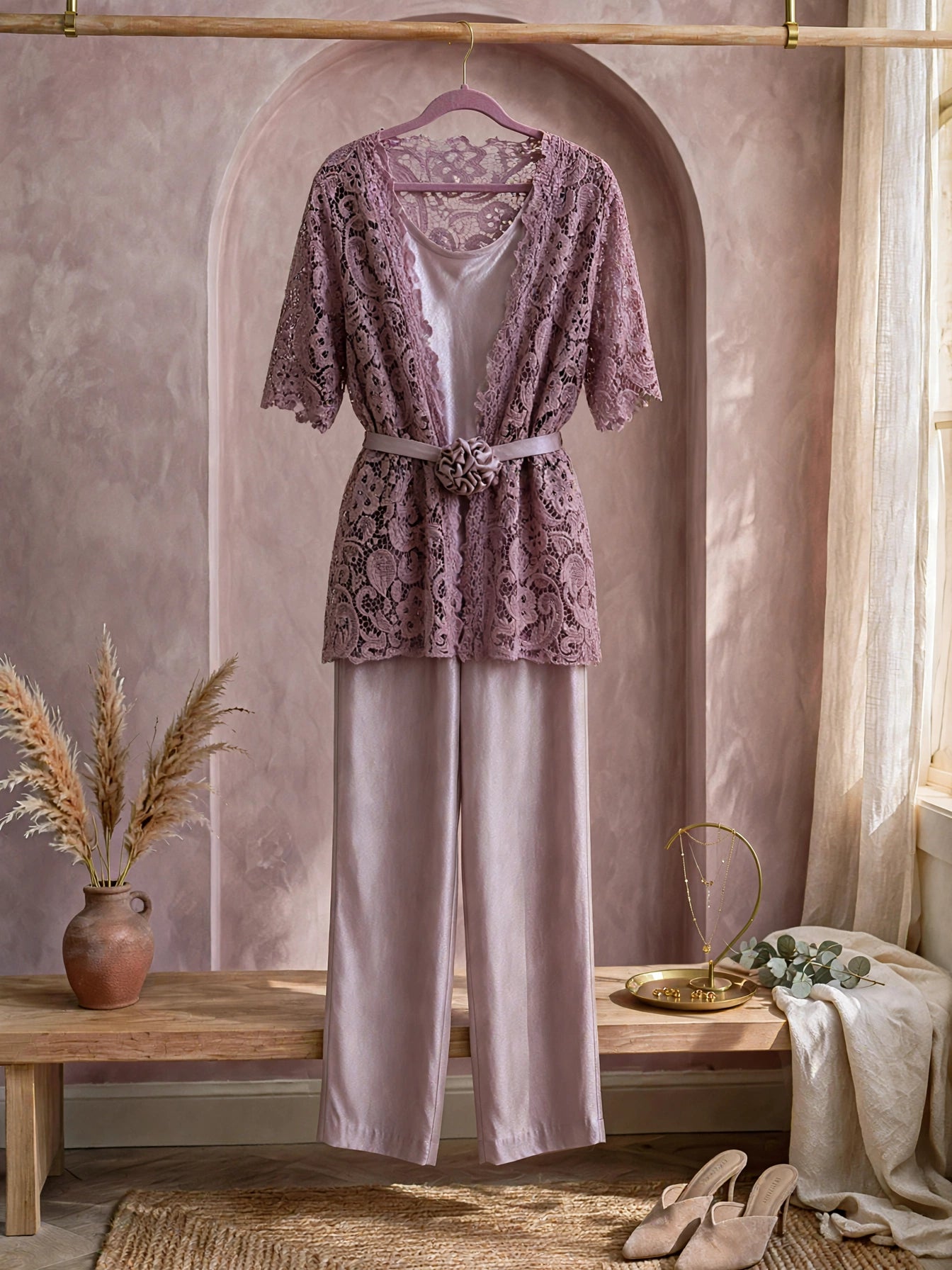 Three Piece Dusty Mauve Lace Kimono Mother of the Bride Suite - Size XL
