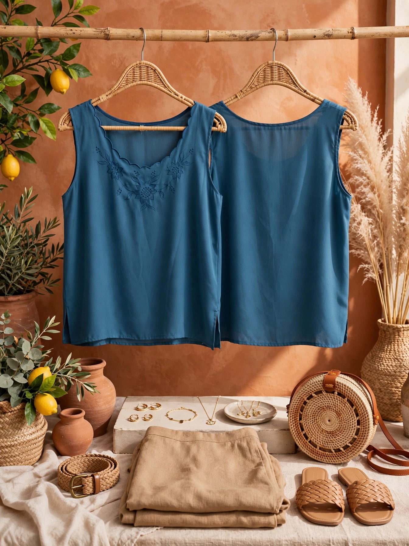 Teal Embroidered Scallop-Neck Sleeveless Blouse - Size Large
