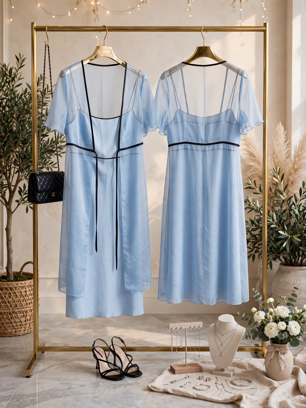 Powder Blue 2-in-1 Dress with Sheer Overlay & Black Piping - Size Medium