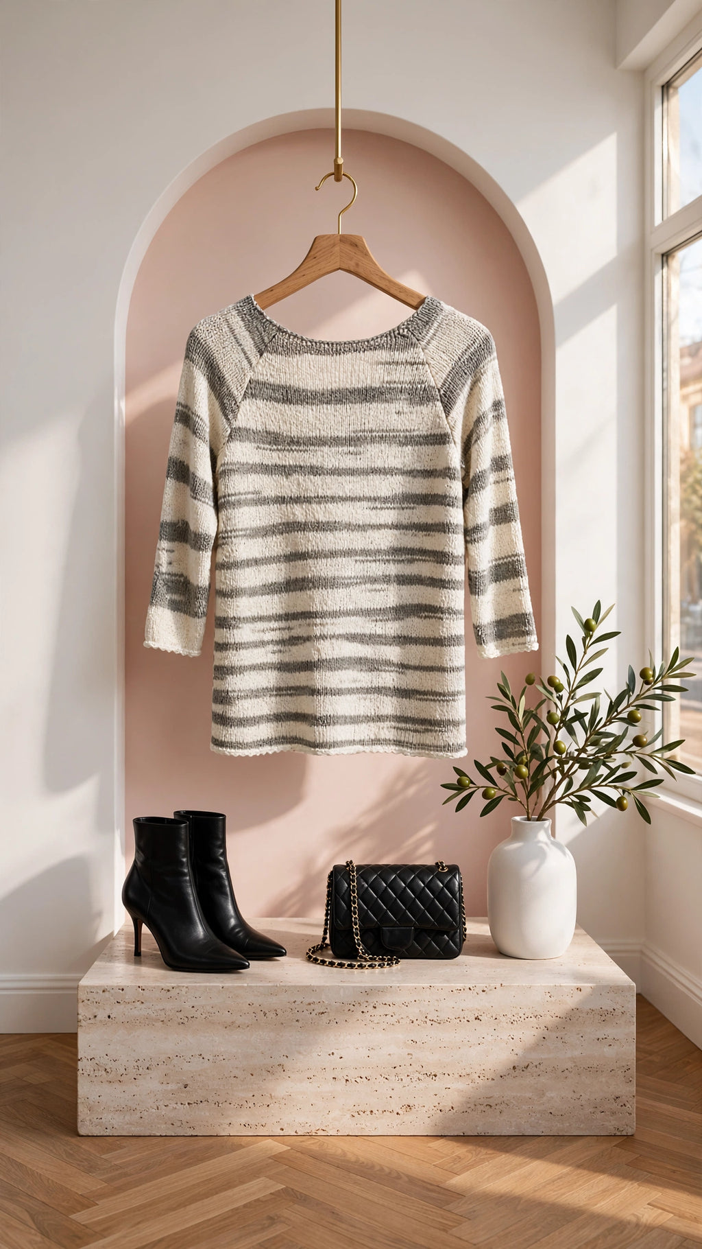 Cozy Grey & Cream Striped Slub Knit Sweater - Size Medium