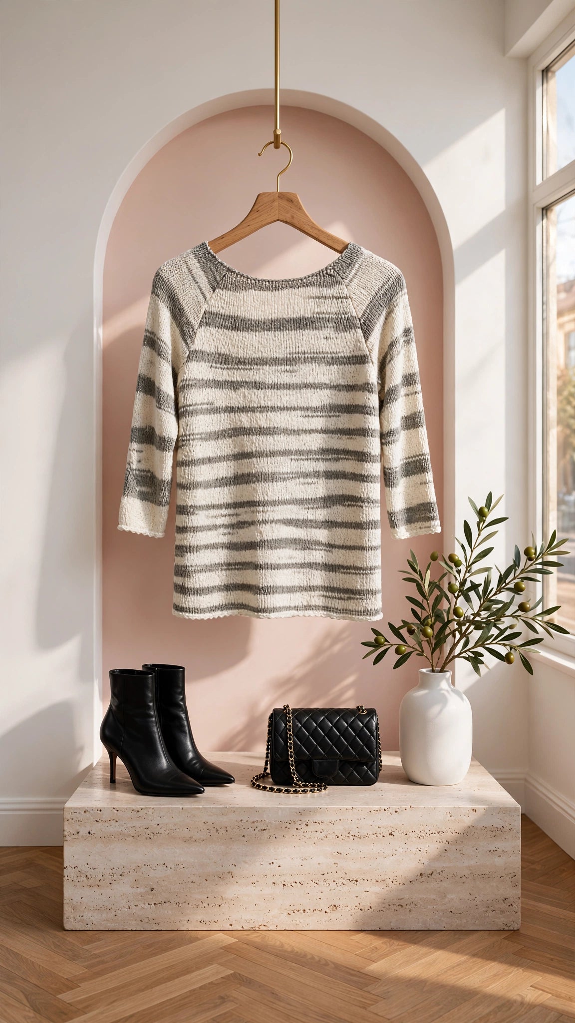 Cozy Grey & Cream Striped Slub Knit Sweater - Size Medium