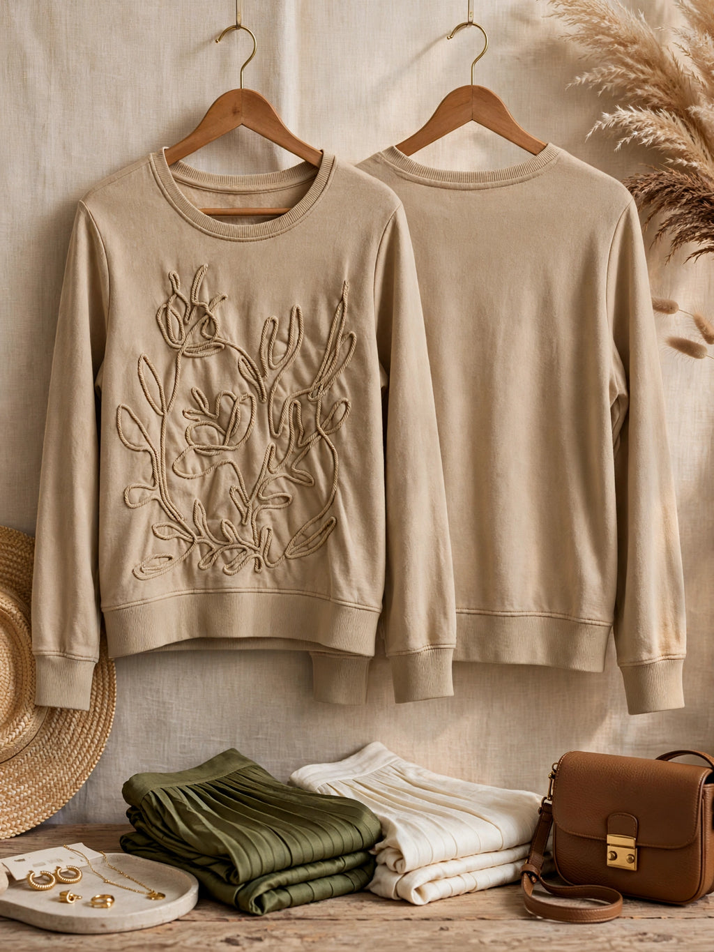 Ladies Beige Rope Floral Crew Sweatshirt - Size Small