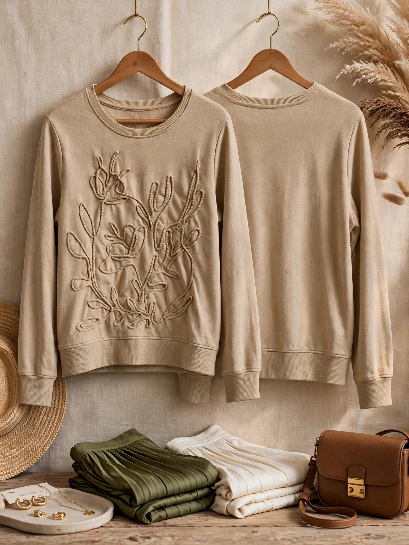 Ladies Beige Rope Floral Crew Sweatshirt - Size Small