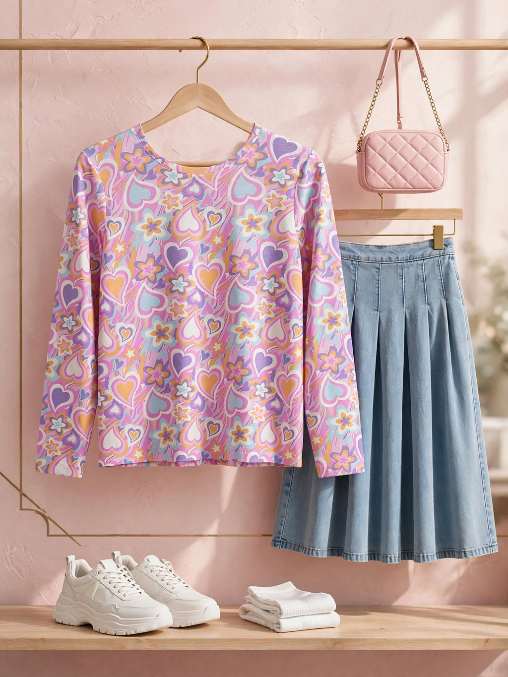 Girls Retro Hearts Long Sleeve Shirt - Size 13-14 Years
