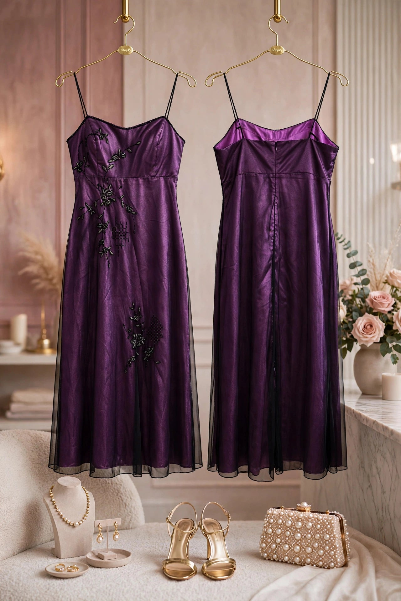 Purple Satin Embroidered Evening Gown - Size 38