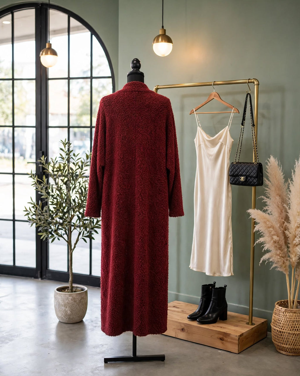 Burgundy Long Bouclé Teddy Duster Cardigan - Size L