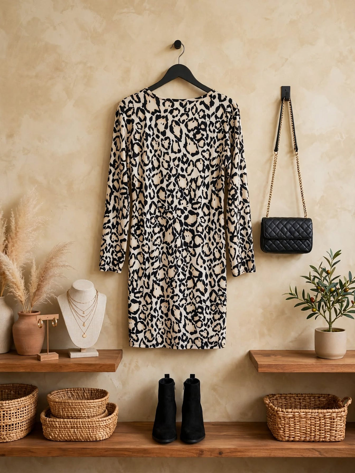 OMG Collection Leopard Print Long Sleeve Midi Dress - Size Medium