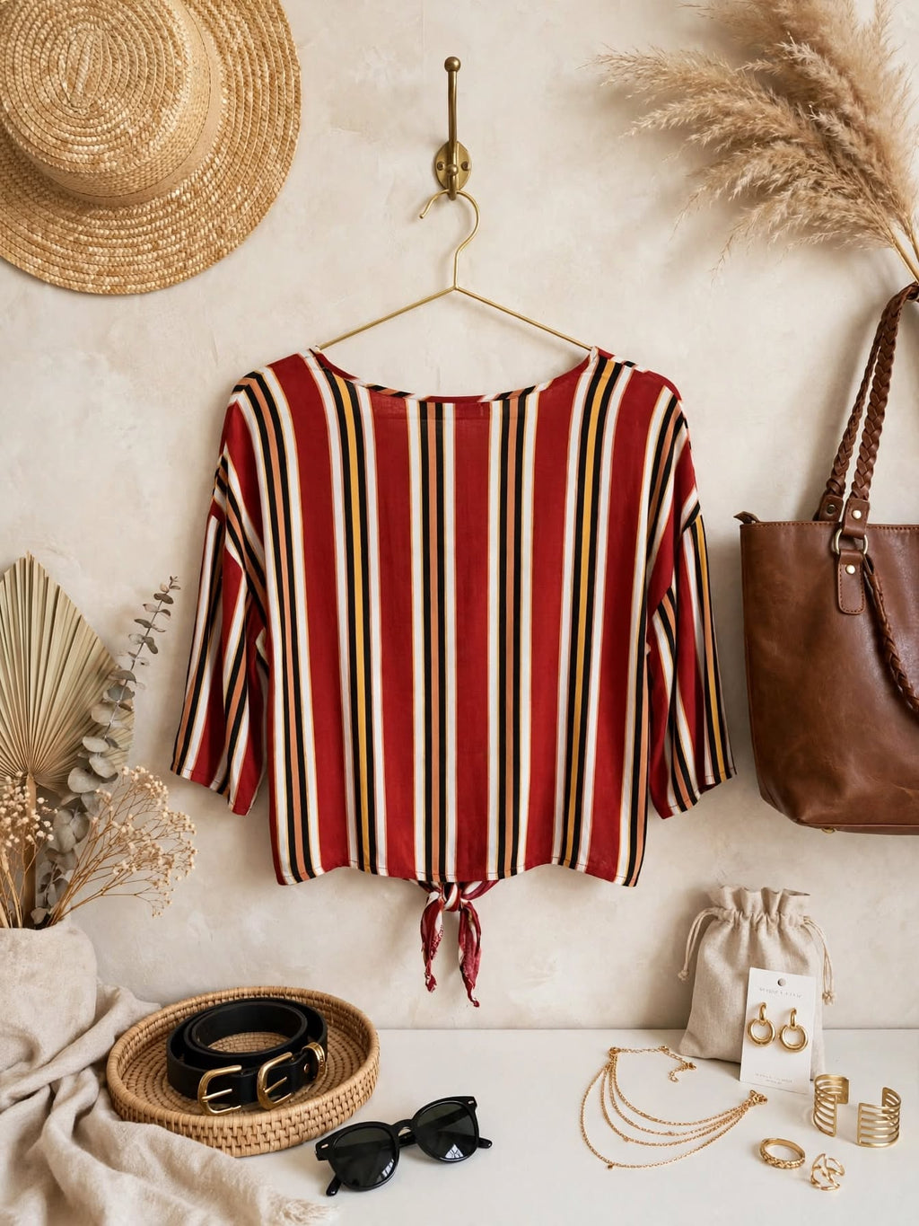Be Yourself Red Striped Tie-Front Blouse - Size 32