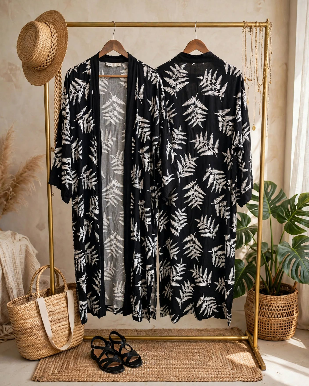 Botanical Black & White Fern Kimono