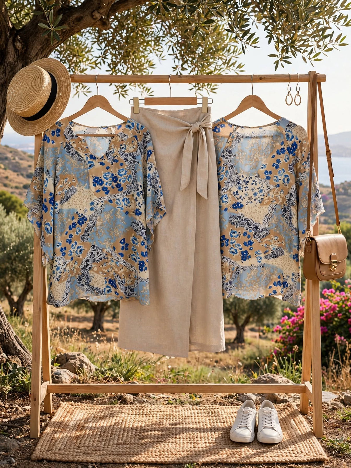 Boho Blue & Beige Patchwork Floral Blouse - Size 36