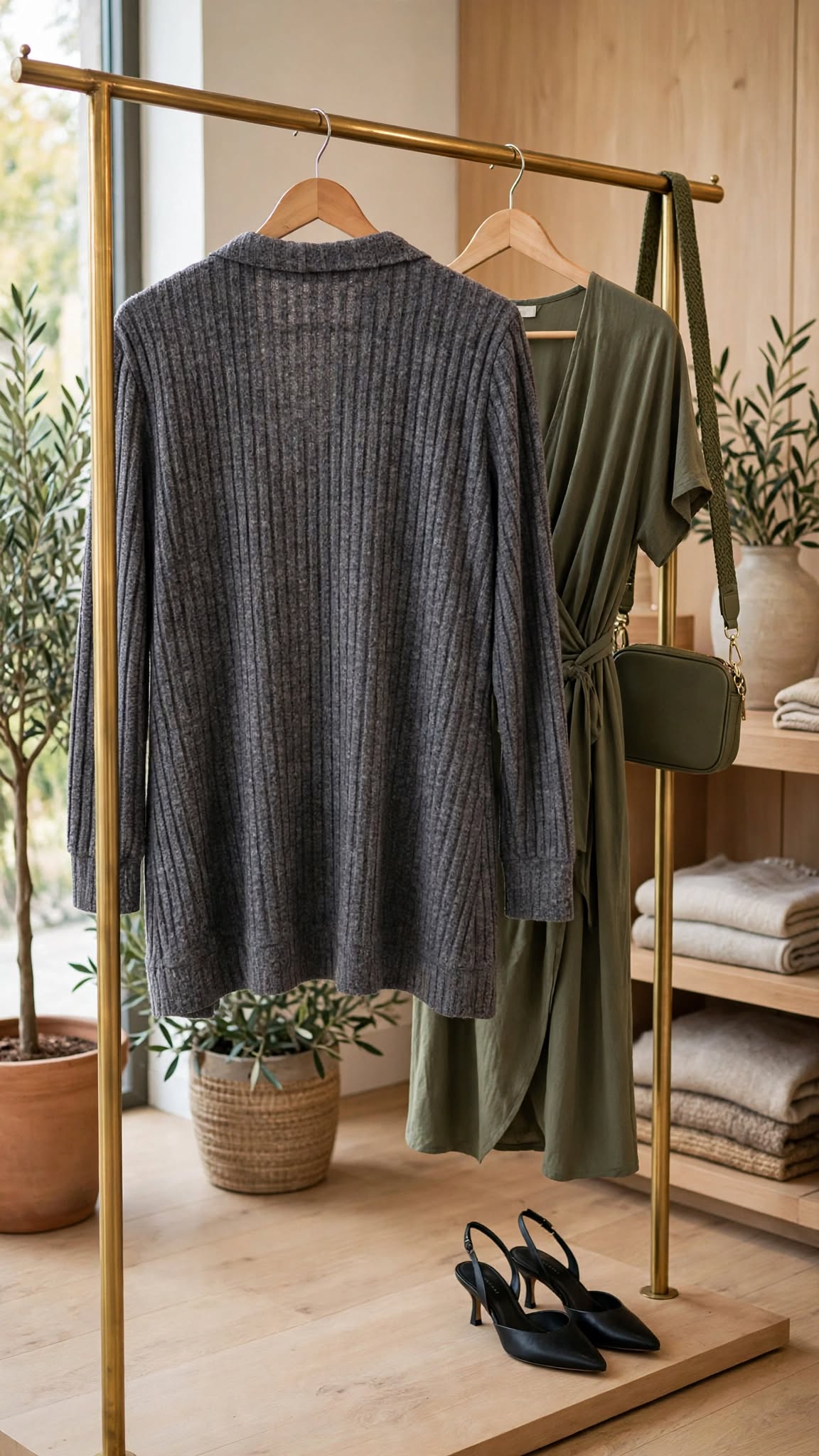 Grey Marl Ribbed Knit Open Cardigan with Pockets - Size Large
