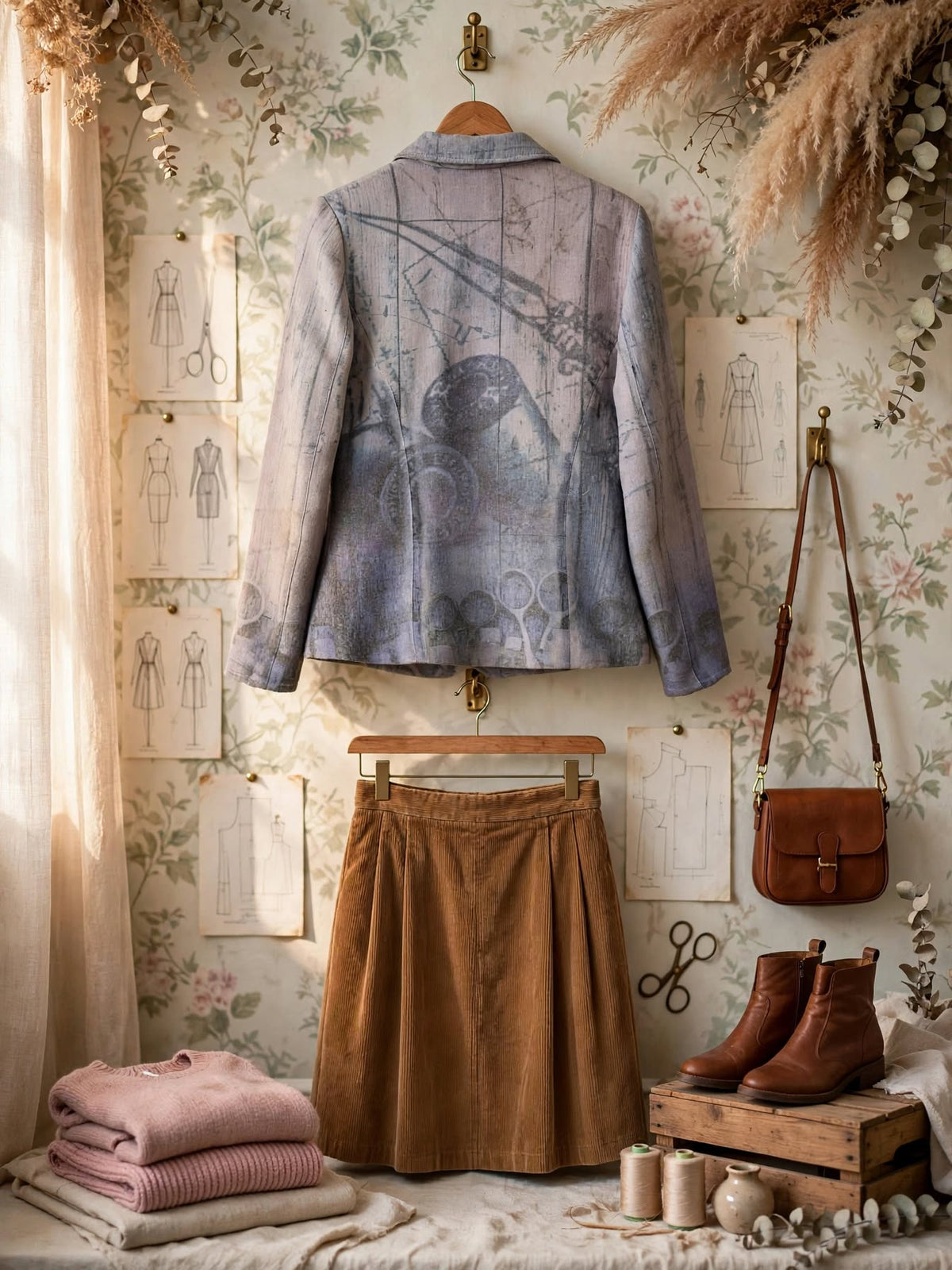 Vintage The Atelier Art Sewing Print Fitted Blazer Jacket - Size 8