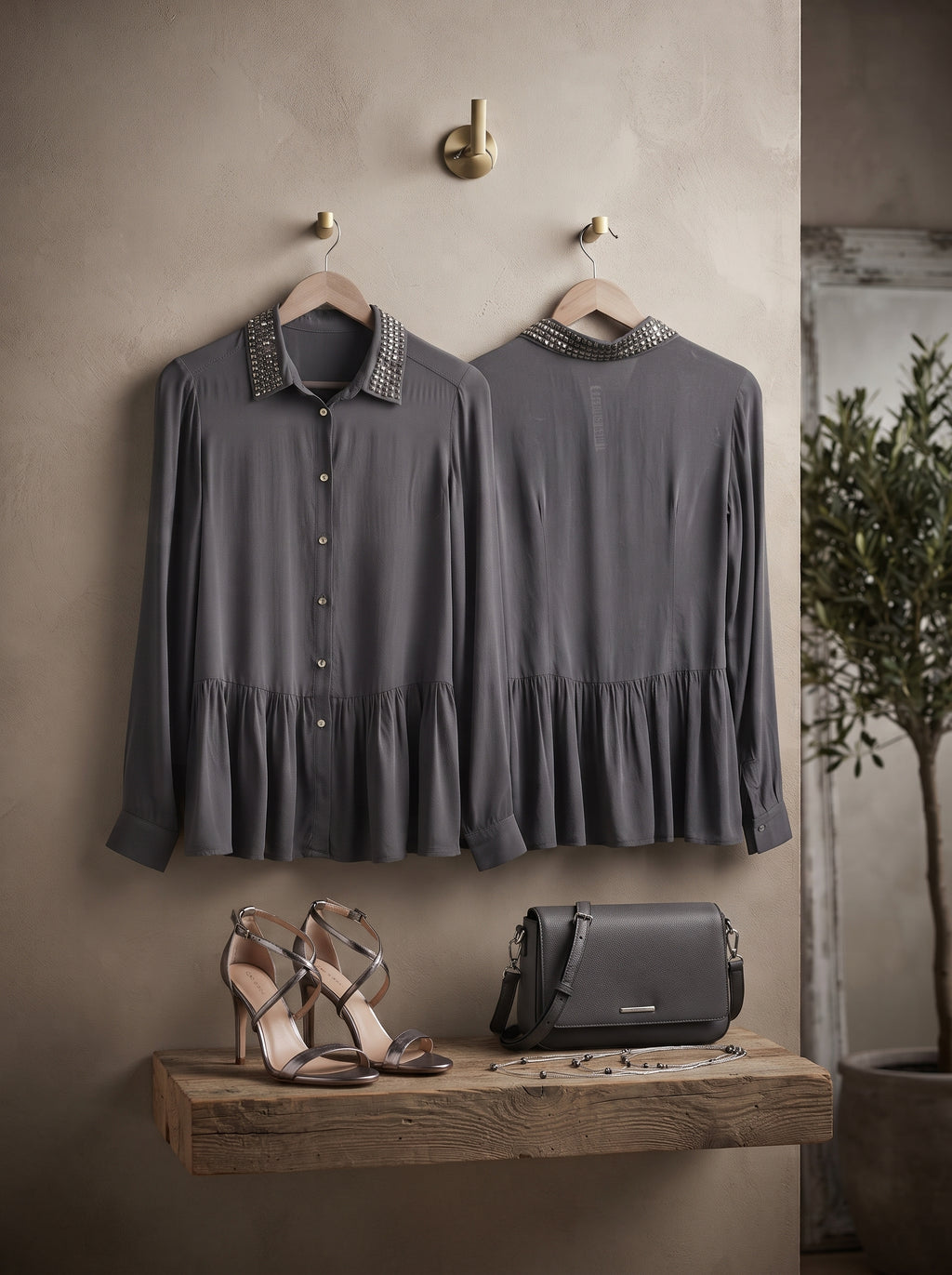 Studio W Charcoal Grey Embellished Collar Ruffle Hem Blouse - Size 10/34
