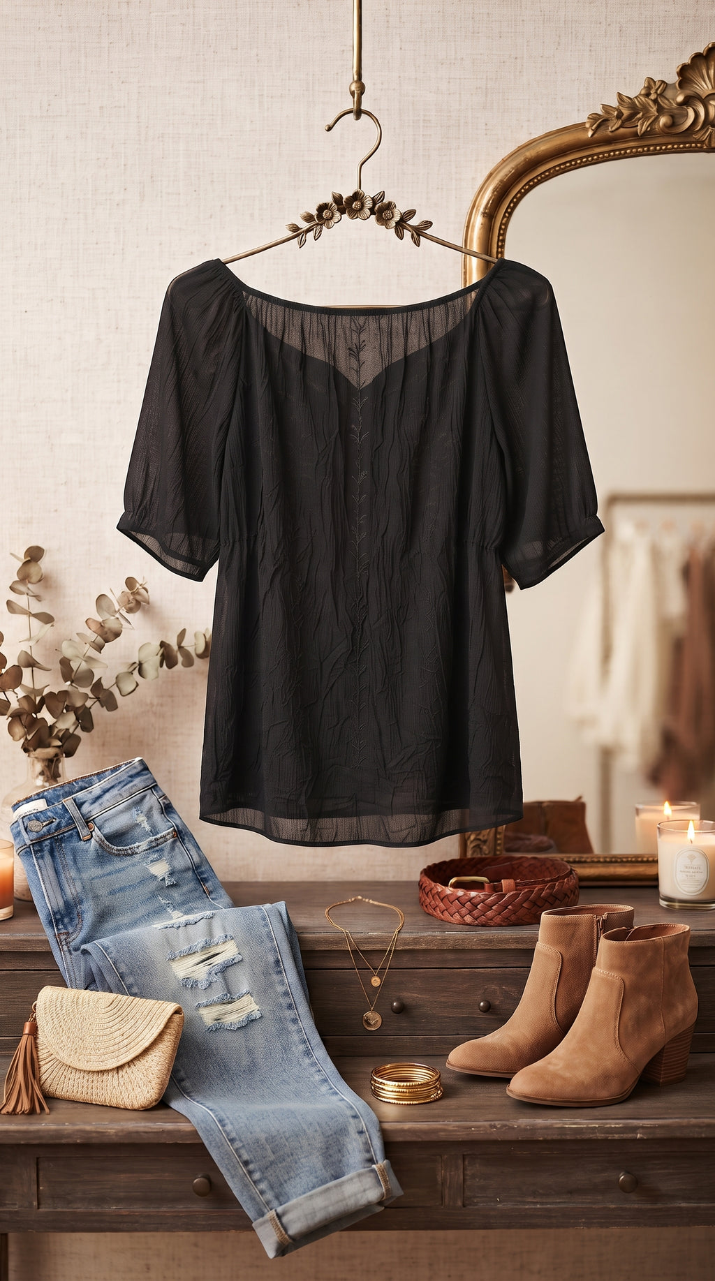 Women's Black Embroidered Chiffon Blouse – Size Large