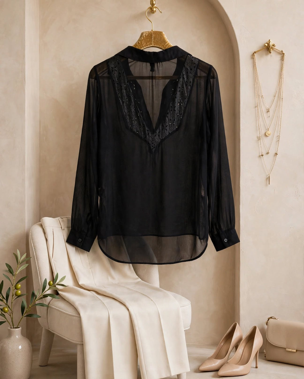 Mr Price Sheer Black Blouse with Eyelet Lace Detail - Size XS