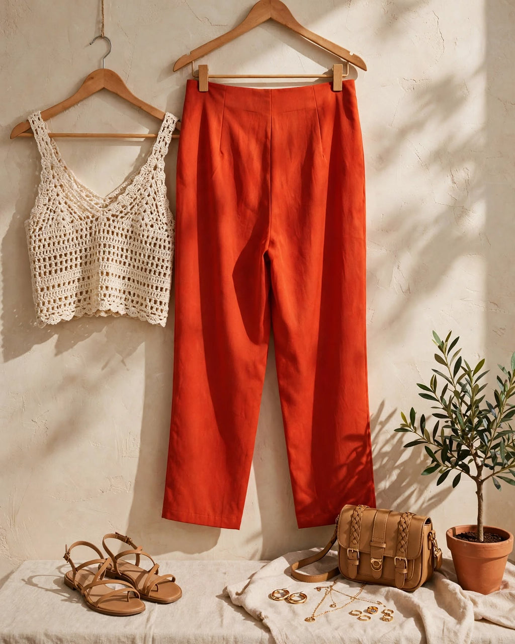 Burnt Orange High-Waisted Pleated Straight-Leg Pants - Size 44